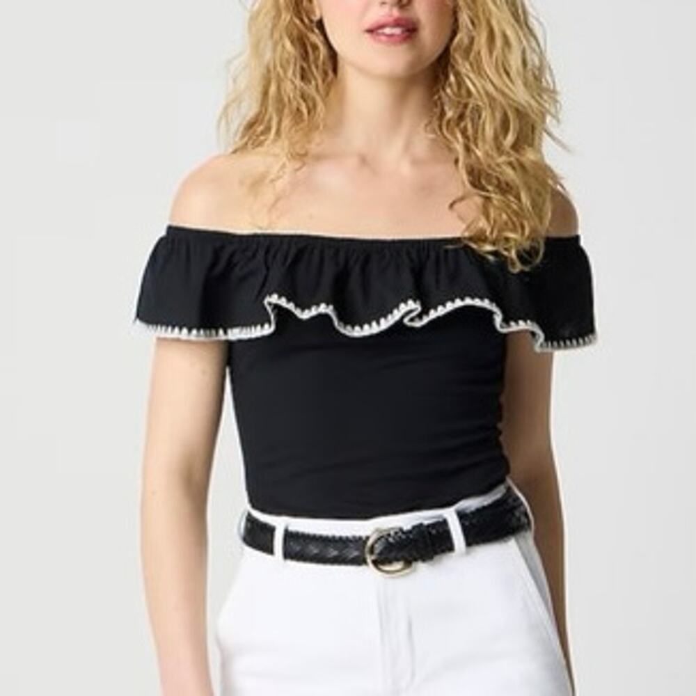 J.Crew Factory Contrast Blanket Stitch Off The Shoulder Top Cotton Size M NWT